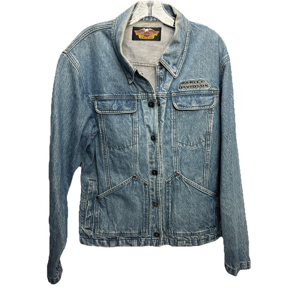 Vintage Harley Davidson embroidered Womens XL Denim Jacket Snap Closure